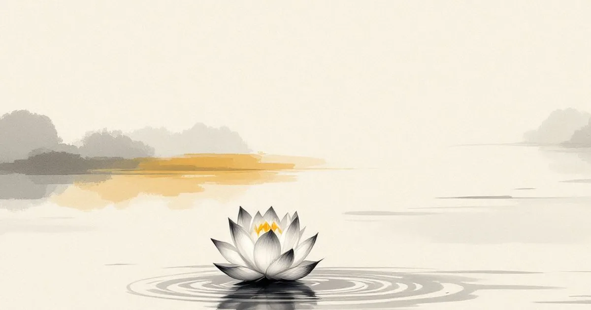 Sumi-e ink-wash illustration: a single open lotus on still water.