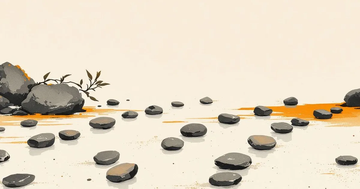 Sumi-e ink-wash illustration: many small dark stones scattered across a pale surface, a larger rock and a leafy sprig to one side.