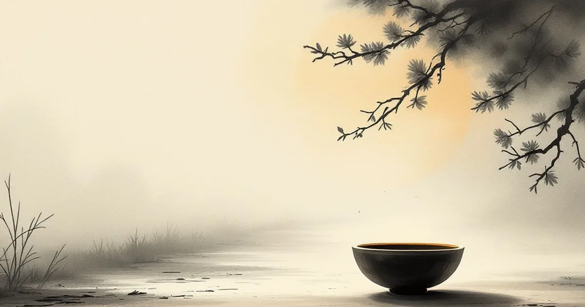 Sumi-e ink-wash illustration: a single alms bowl resting on a misty road at dawn, waiting to be filled.