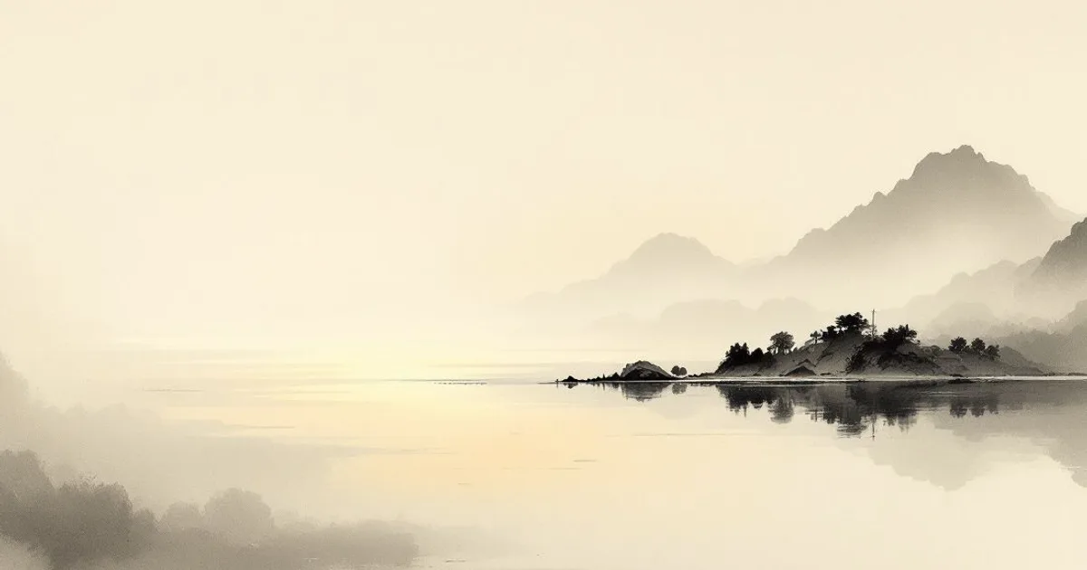 Sumi-e ink-wash illustration: soft radiant light spreading across still water at dusk.