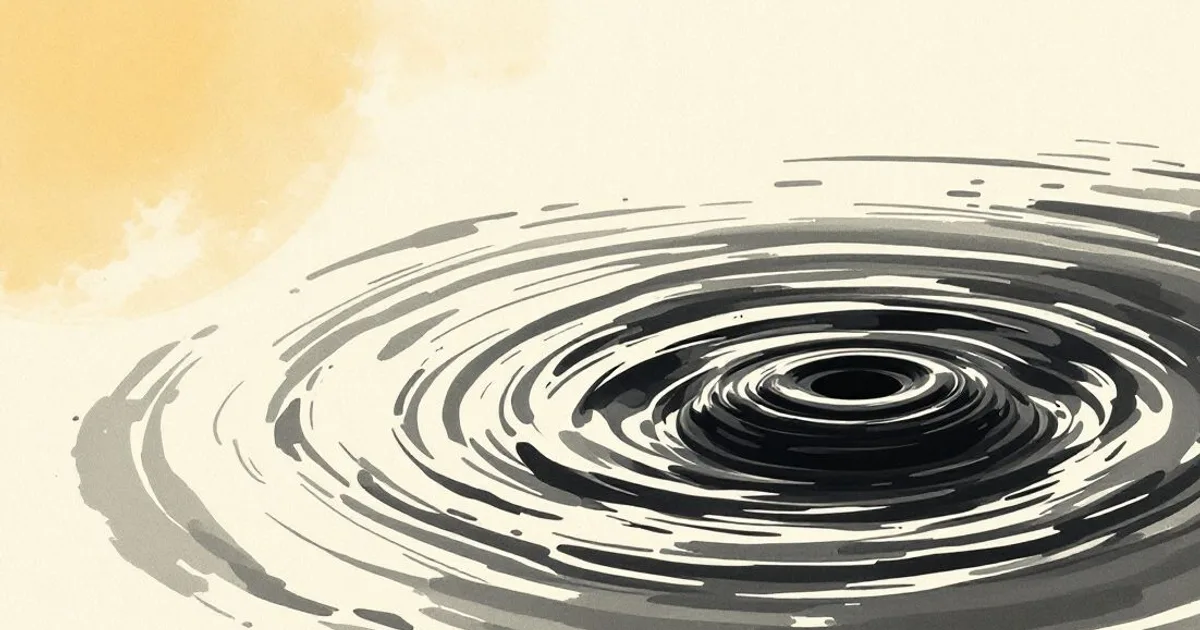 Sumi-e ink-wash illustration: concentric ripples spreading on a still pond.