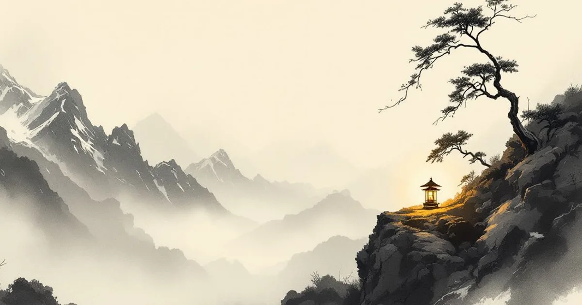 Sumi-e ink-wash illustration: a small glowing lantern on a rocky ridge overlooking misty snow-capped Himalayan peaks.