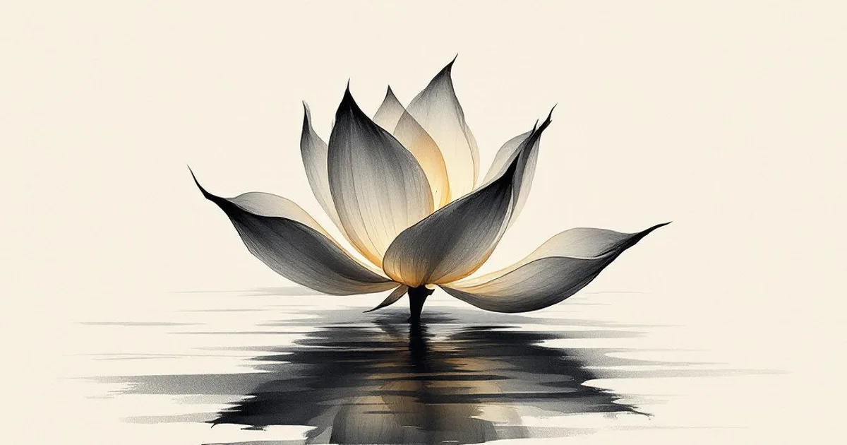 Sumi-e ink-wash illustration: a thousand-petalled lotus opening on calm water.