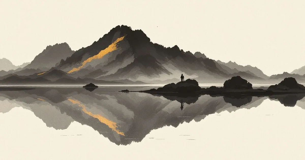 Sumi-e ink-wash illustration: a still pond mirroring an open sky.