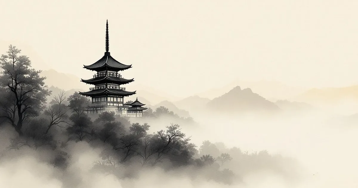 Sumi-e ink-wash illustration: a single pagoda in drifting fog.