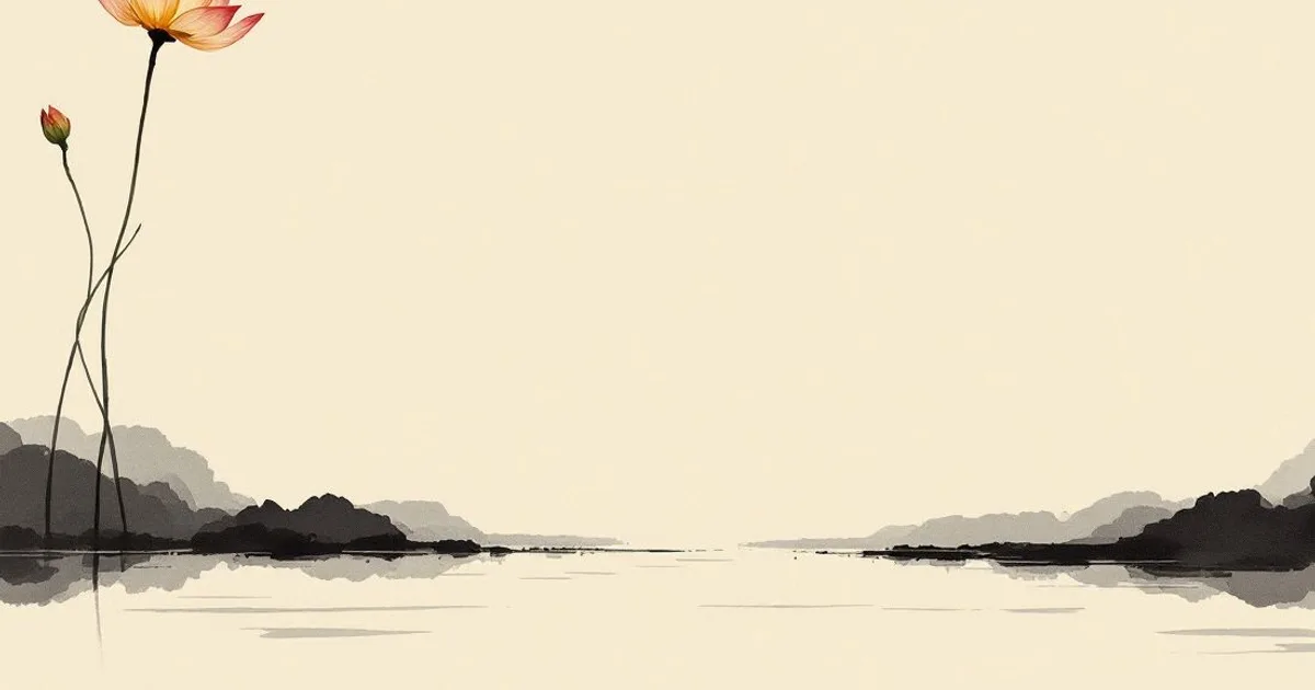 Sumi-e ink-wash illustration: a single lotus rising from calm water.