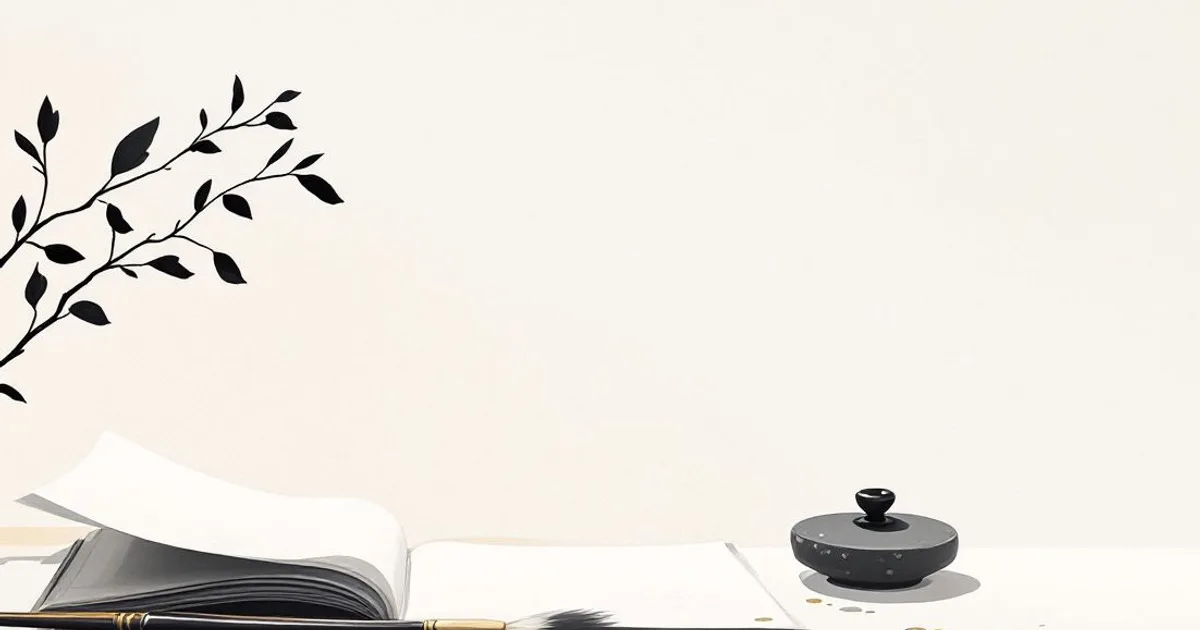 Sumi-e ink-wash illustration: an open manuscript with a brush and a round ink stone, a leafy branch above, in soft light.