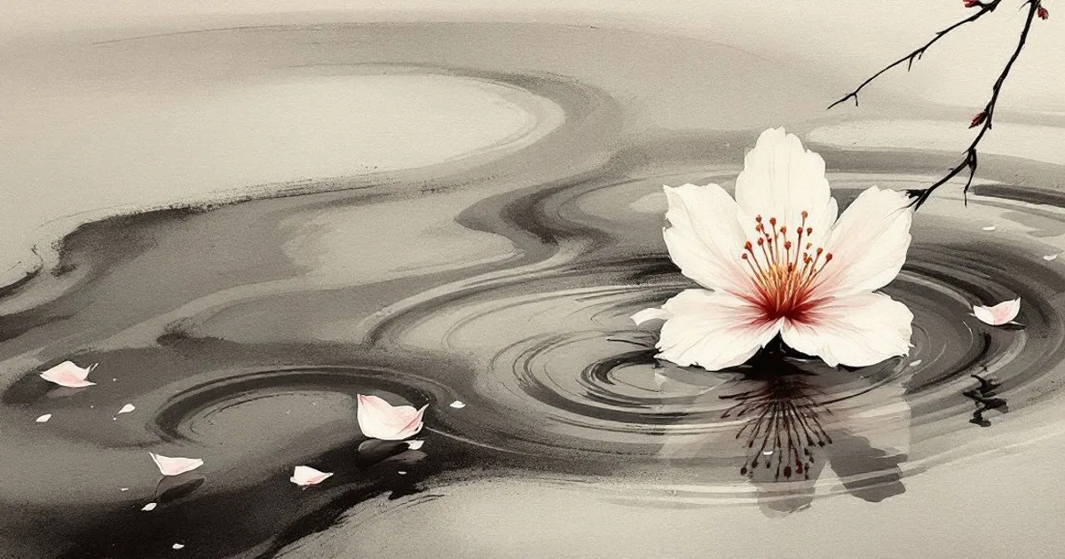 Sumi-e ink-wash illustration: cherry blossom petals drifting on still water.