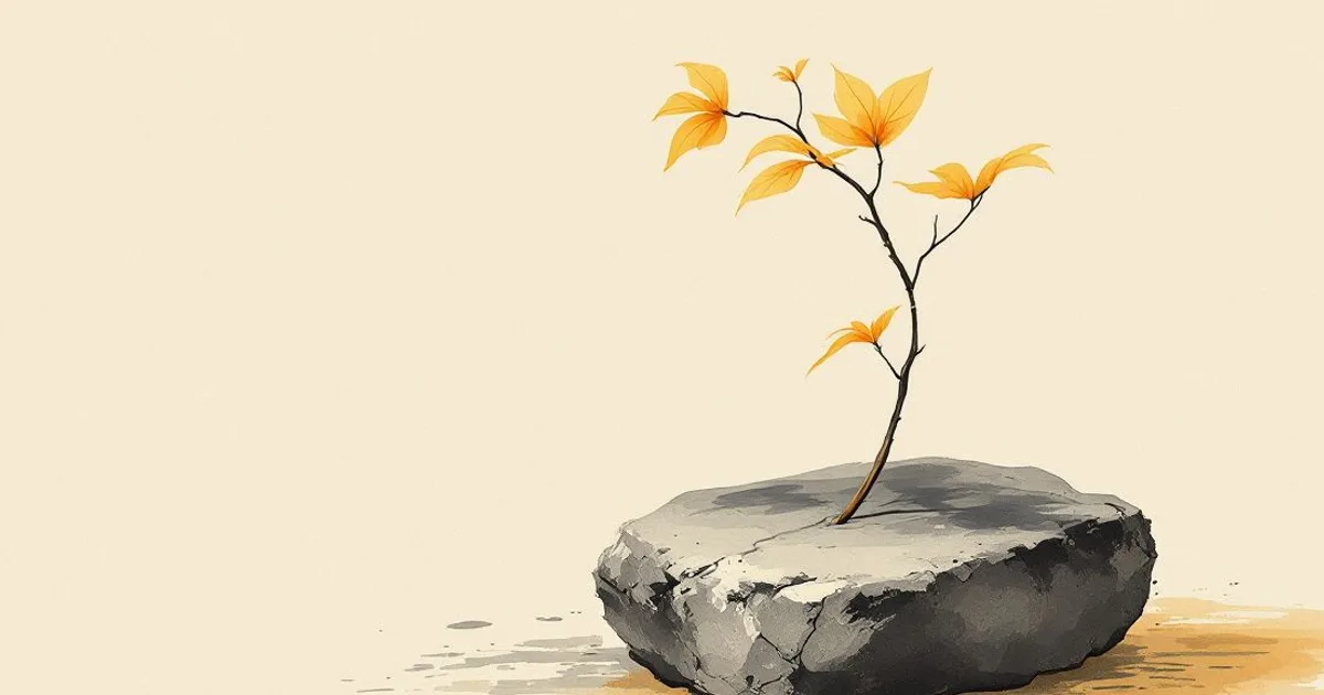 Sumi-e ink-wash illustration: a slender bare branch bearing a few golden autumn leaves, rising from a weathered grey rock.
