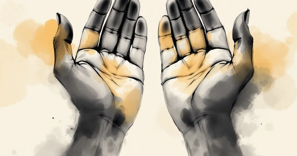 Sumi-e ink-wash illustration: two open cupped hands.