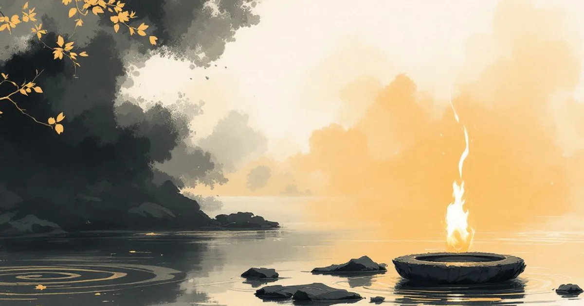 Sumi-e ink-wash illustration: a flame settling into quiet embers beside still water.