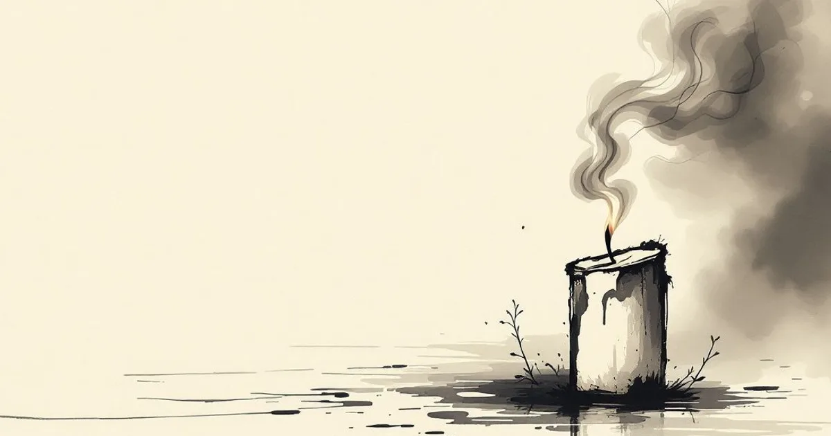 Sumi-e ink-wash illustration: a candle burned low, its flame guttering, a thin wisp of smoke rising against a pale ground.