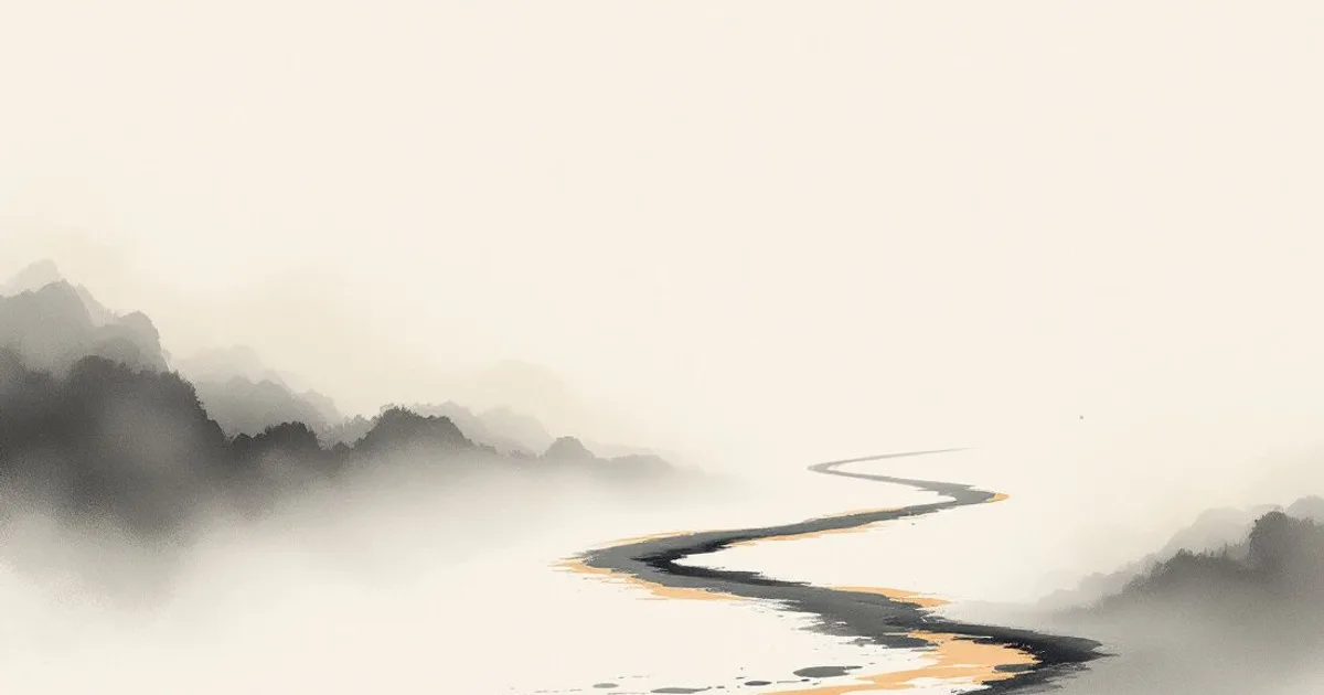 Sumi-e ink-wash illustration: two paths diverging gently in morning mist.