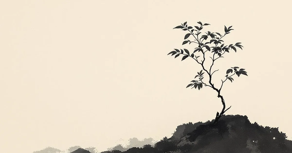 Sumi-e ink-wash illustration: a single carefully tended plant.