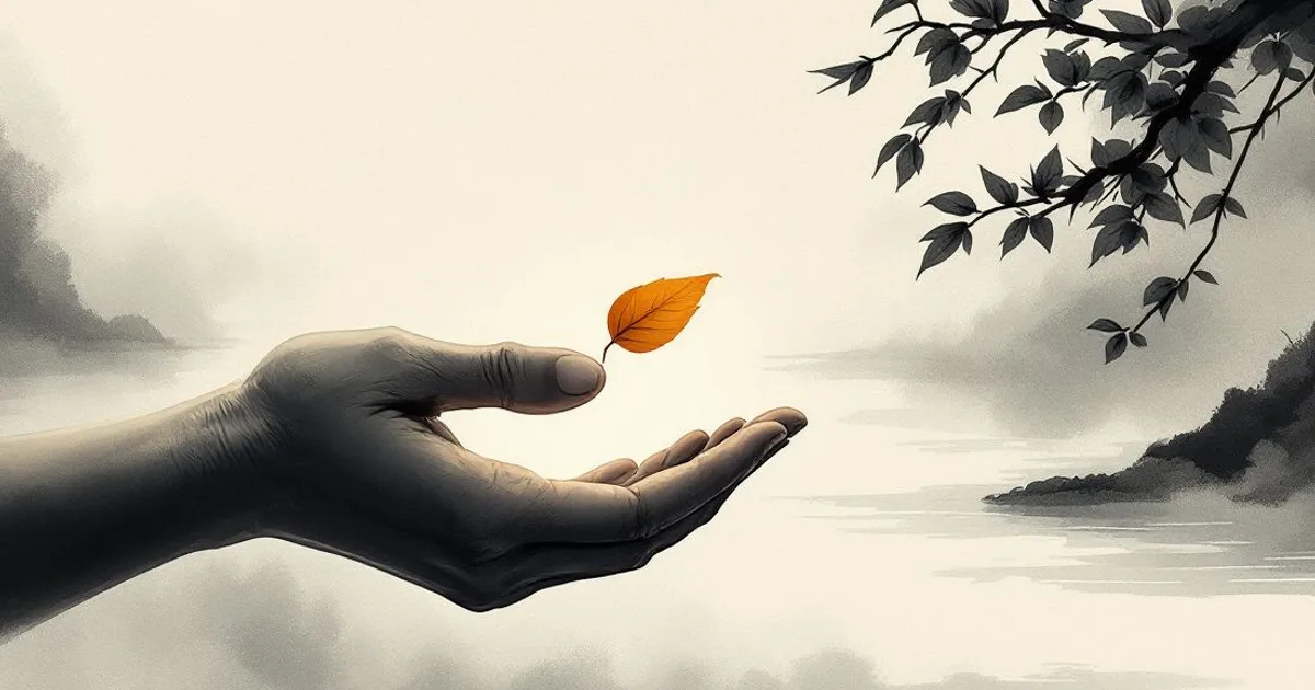 Sumi-e ink-wash illustration: an open hand releasing a leaf to a flowing stream.