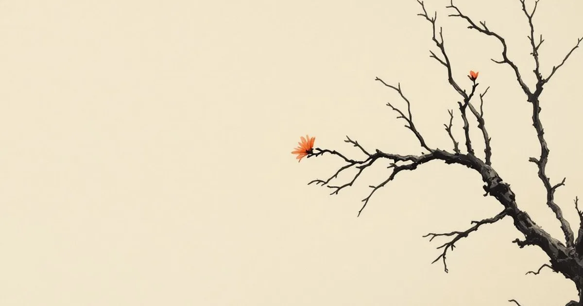 Sumi-e ink-wash illustration: a bare branch bearing one small blossom at dawn.