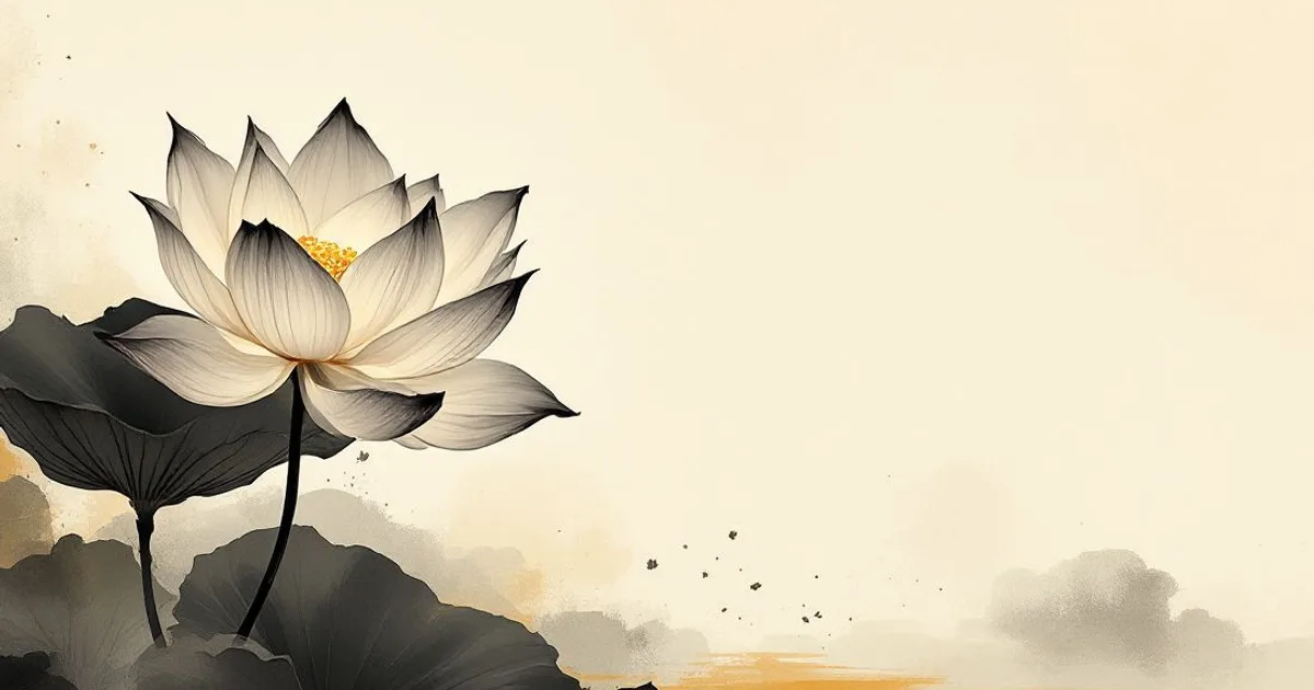 Sumi-e ink-wash illustration: an open lotus in warm soft light.