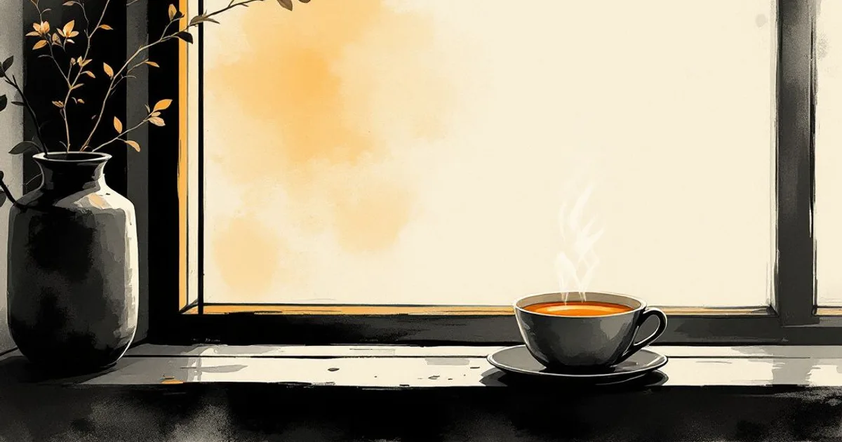 Sumi-e ink-wash illustration: a steaming cup of tea on a windowsill beside a dark vase of branches, warm light beyond.