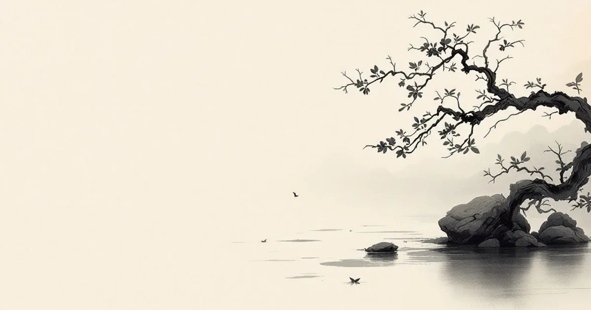 Sumi-e ink-wash illustration: a perfectly still pond reflecting the sky clearly.