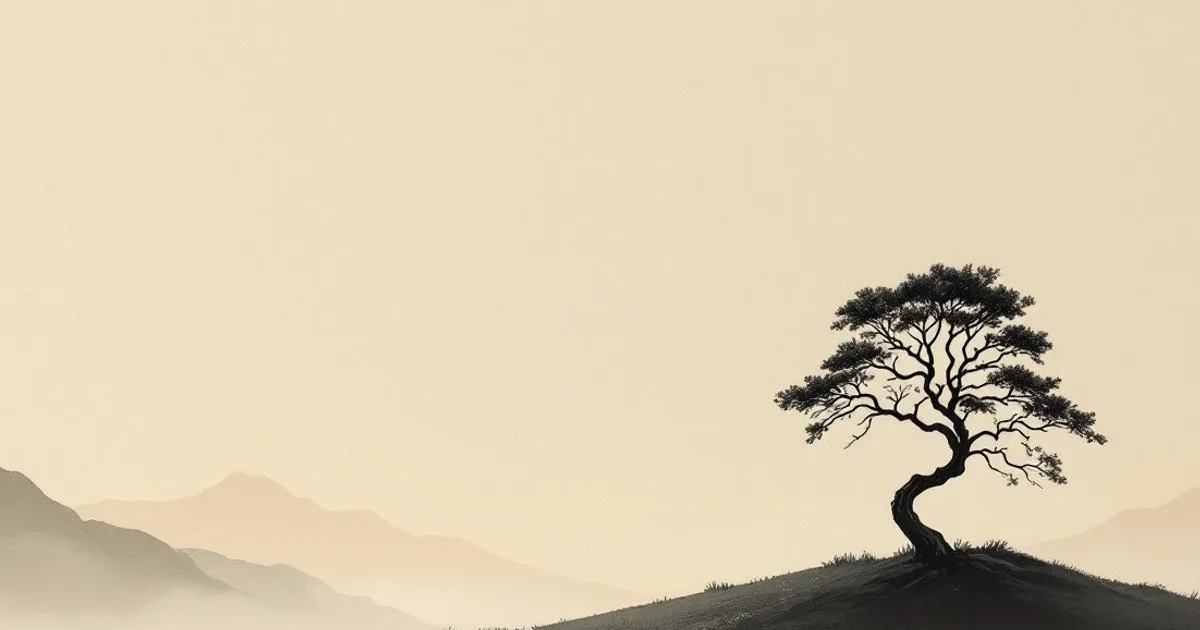 Sumi-e ink-wash illustration: a solitary tree on a misty hill, serene rather than desolate.