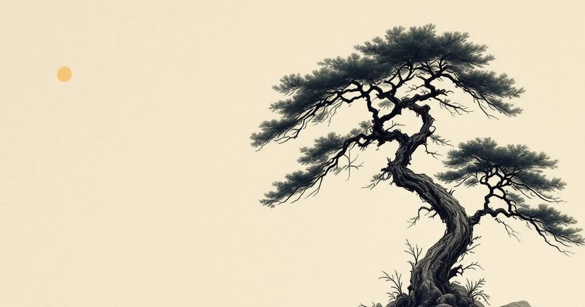 Sumi-e ink-wash illustration: a slow ancient pine standing in still air.