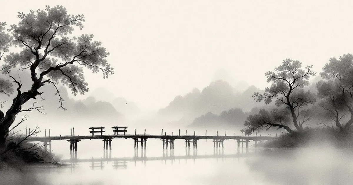 Sumi-e ink-wash illustration: a simple wooden bridge in morning mist.