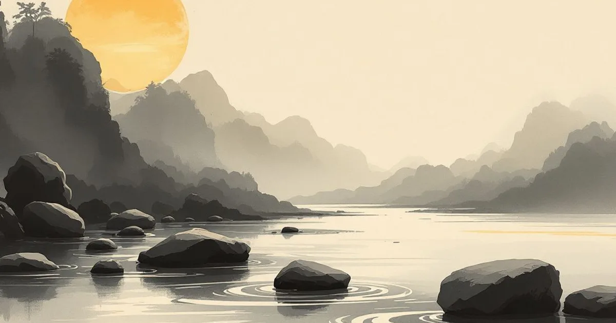 Sumi-e ink-wash illustration: a clear stream flowing over smooth stones.