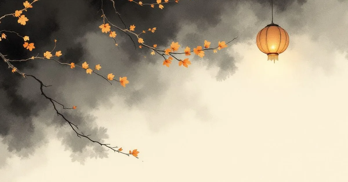 Sumi-e ink-wash illustration: a lit paper lantern marking the way.