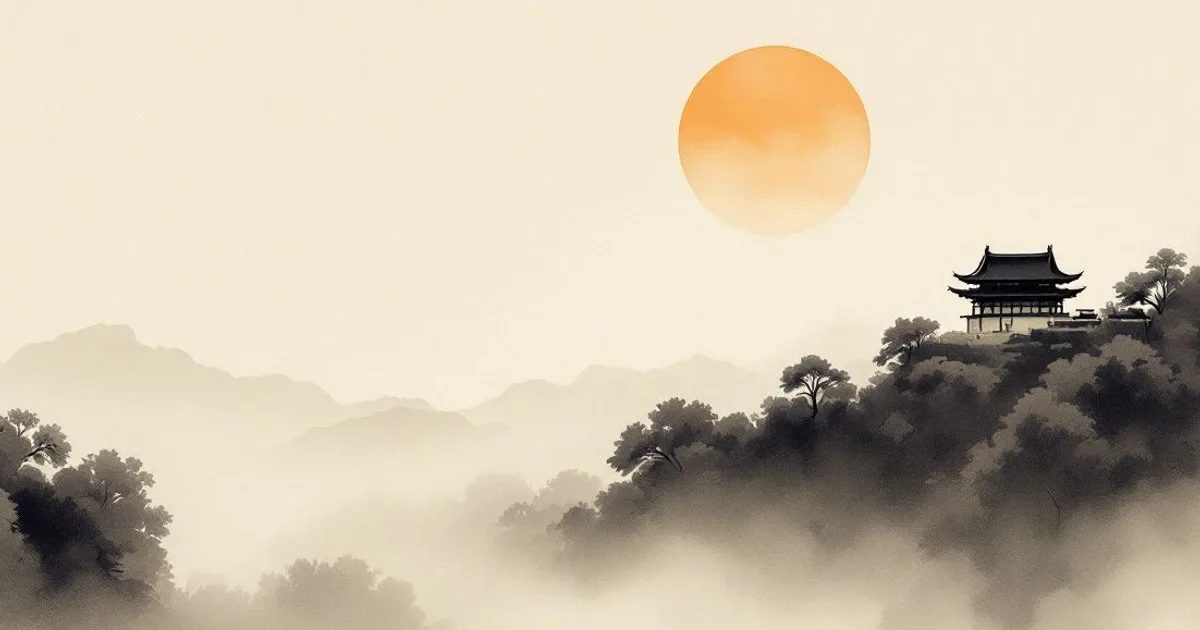Sumi-e ink-wash illustration: a lone temple roofline above the mist.