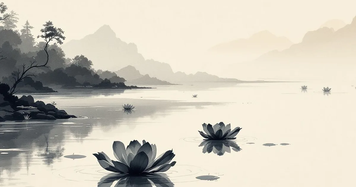 Sumi-e ink-wash illustration: a still pond at dawn.