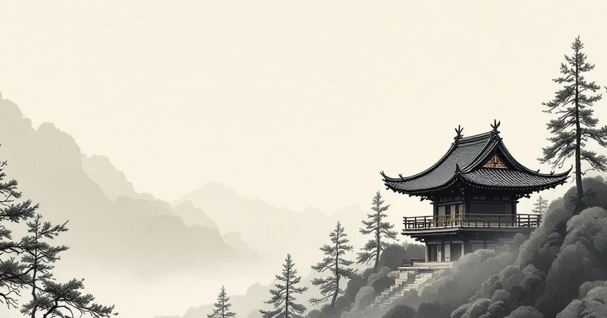 Sumi-e ink-wash illustration: a mountainside temple pavilion with a curved tiled roof among pines, misty peaks beyond.