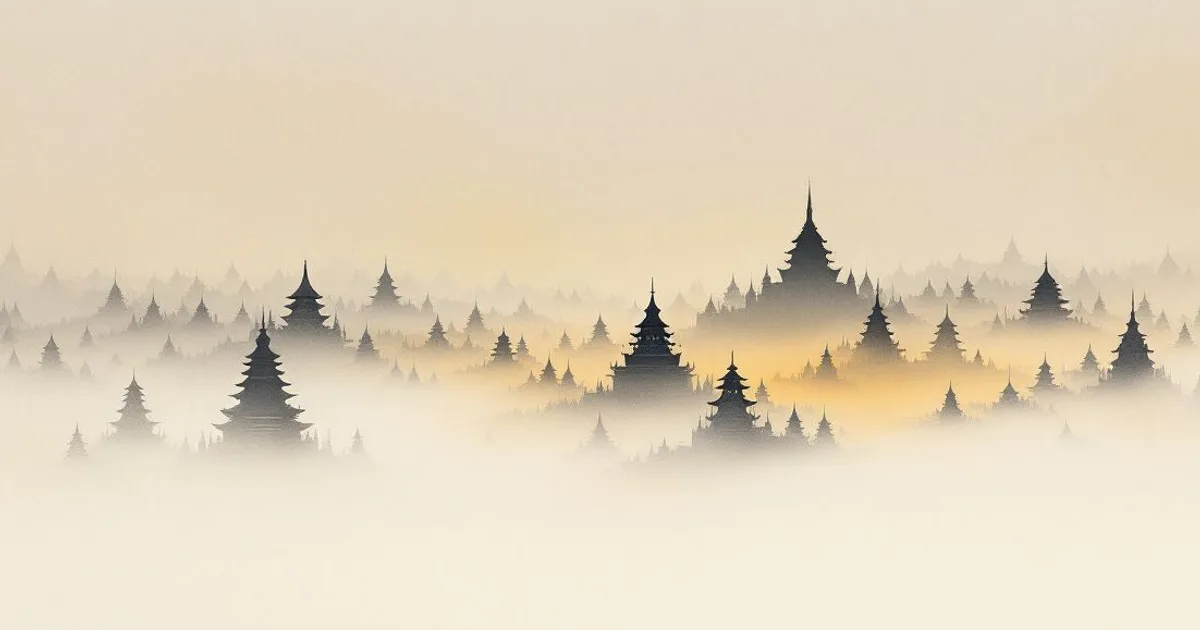 Sumi-e ink-wash illustration: countless temple spires in silhouette receding across a misty plain at golden dawn.