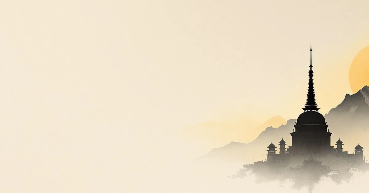 Sumi-e ink-wash illustration: a domed stupa silhouette with a tall tiered spire before misty Himalayan peaks at sunrise.