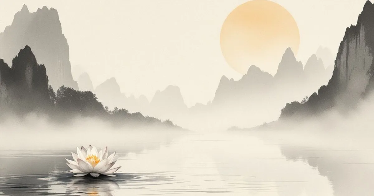 Sumi-e ink-wash illustration: a single white lotus on still water before misty limestone karst peaks and a soft rising sun.