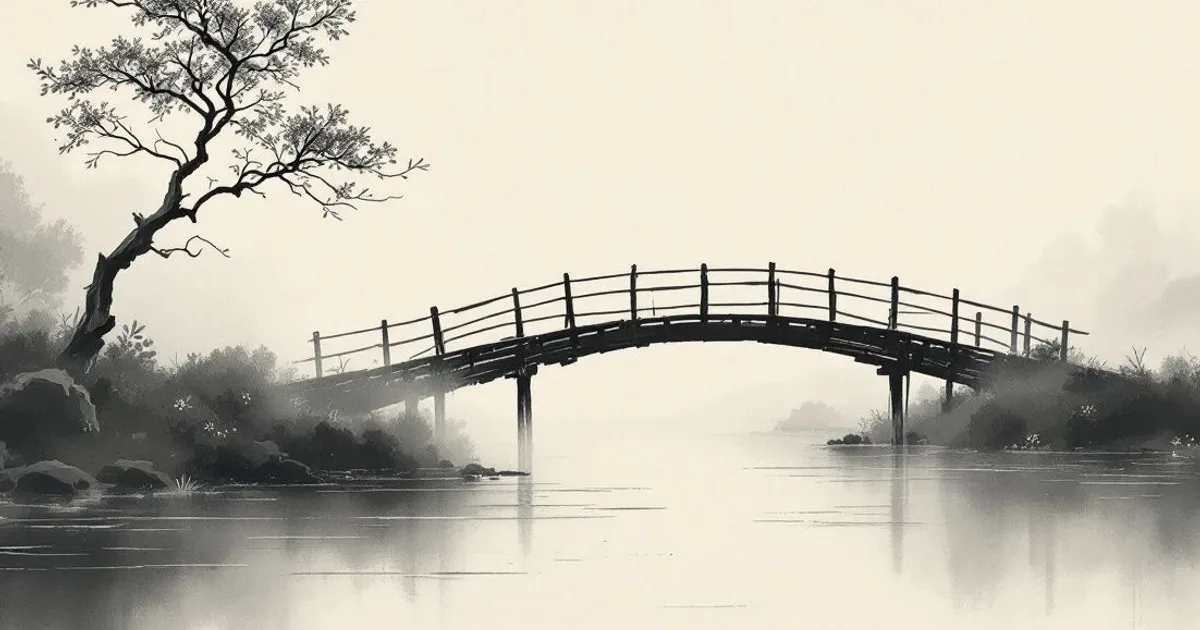 Sumi-e ink-wash illustration: a simple wooden bridge in morning mist.