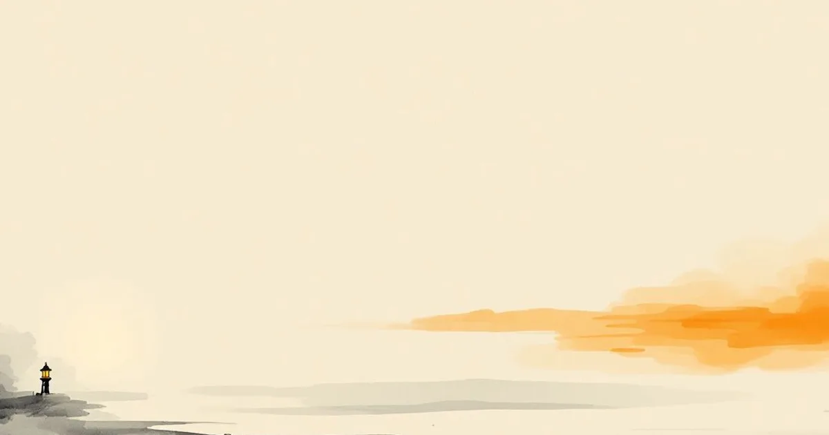 Sumi-e ink-wash illustration: a small standing lantern glowing on a shore beside a vast open sky with soft ochre clouds at dusk.