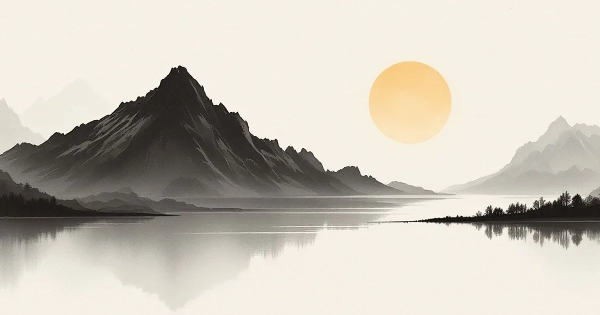 Sumi-e ink-wash illustration: a steep dark mountain peak beside a warm sun above a still, mirror-calm lake.