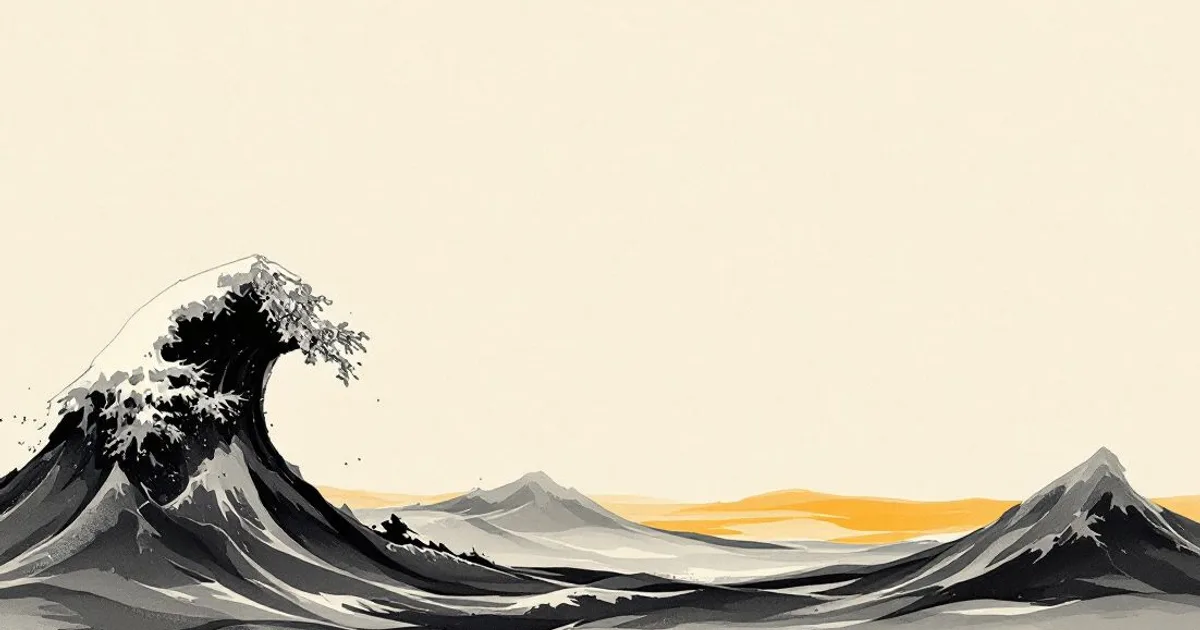Sumi-e ink-wash illustration: a tall cresting wave settling into lower waves toward a soft ochre horizon.