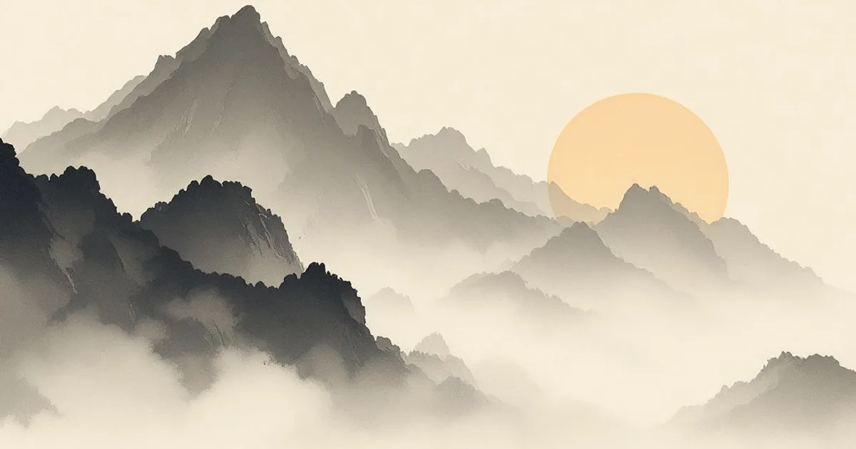 Sumi-e ink-wash illustration: a great mountain rising through layered mist into open sky.