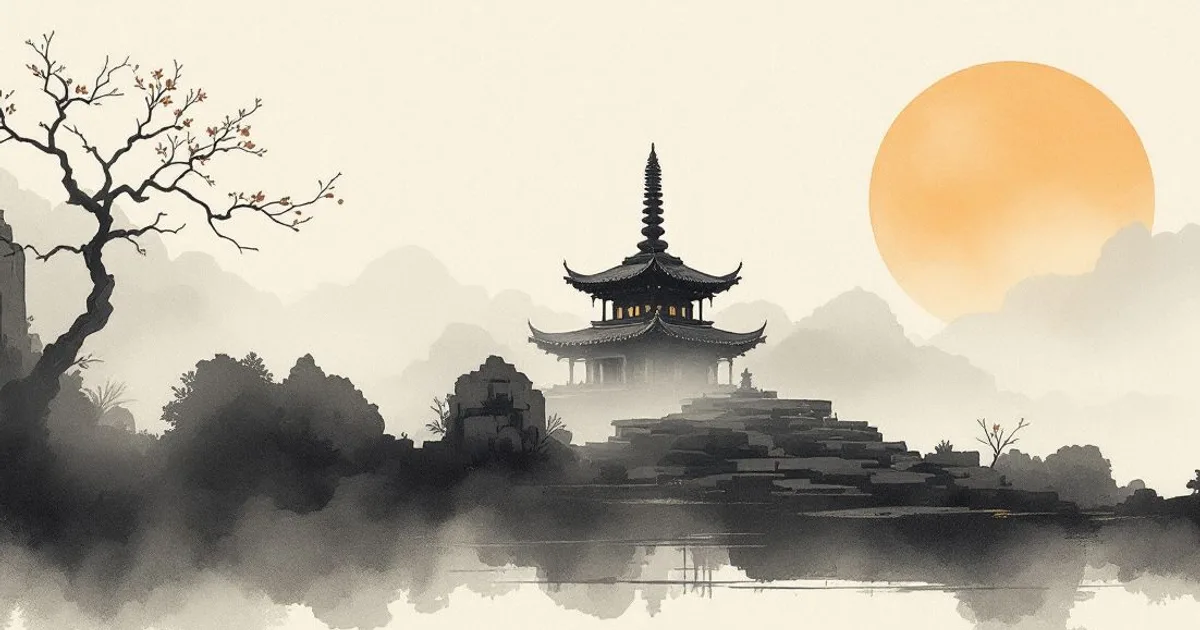 Sumi-e ink-wash illustration: a weathered stone stupa in silhouette.