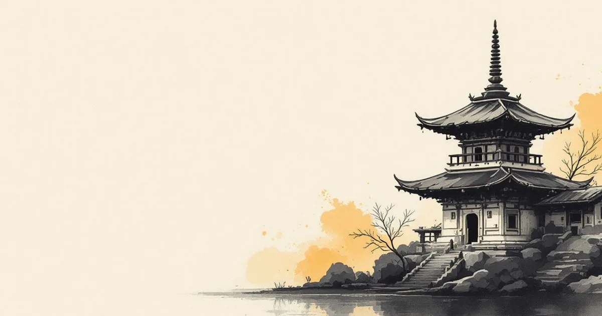 Sumi-e ink-wash illustration: a weathered stone stupa in silhouette.