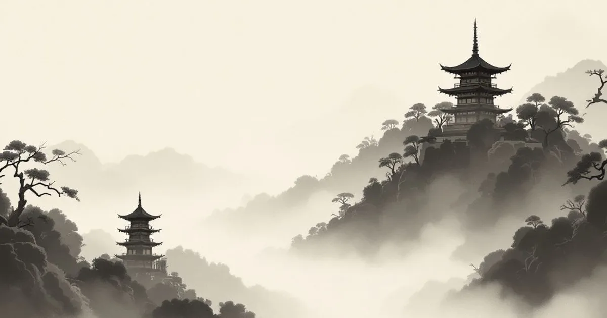 Sumi-e ink-wash illustration: distant pagodas fading into mist.