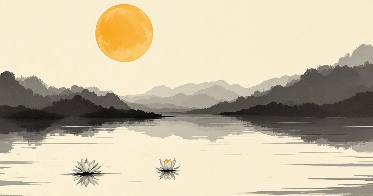 Sumi-e ink-wash illustration: a single lotus on calm water.