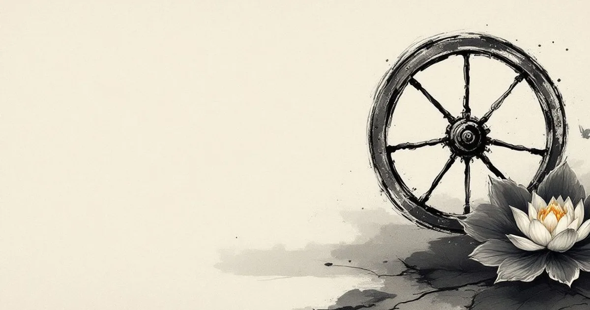 Sumi-e ink-wash illustration: an eight-spoked wheel and a lotus rendered in spare ink.