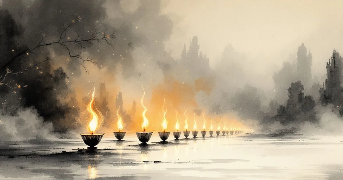 Sumi-e ink-wash illustration: a long receding row of butter lamps with warm flames reflected in water, misty temple silhouettes beyond.