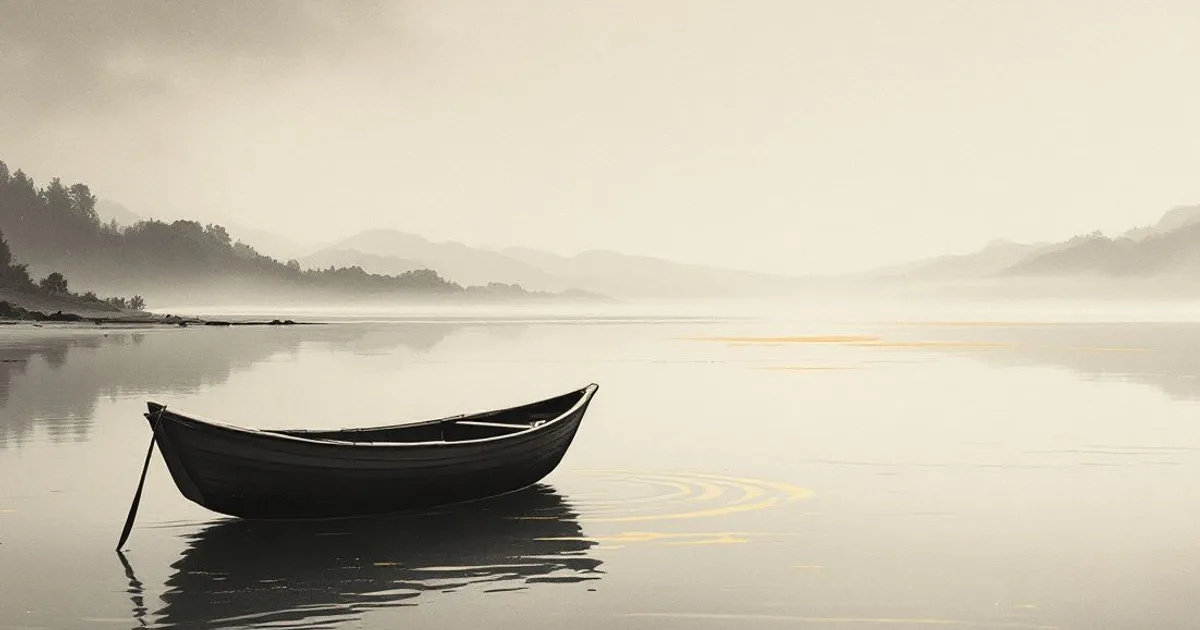 Sumi-e ink-wash illustration: a lone empty wooden boat on still misty water at dawn, soft golden light on the water, hills beyond.
