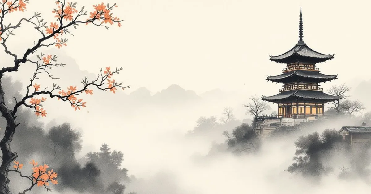 Sumi-e ink-wash illustration: a single pagoda in drifting fog.