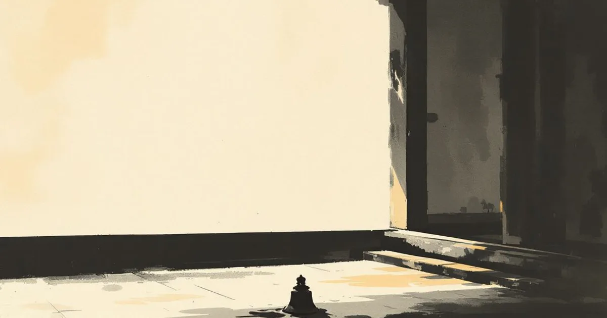 Sumi-e ink-wash illustration: a quiet monastery hall at dawn, soft light falling across the floor with a hanging bell.