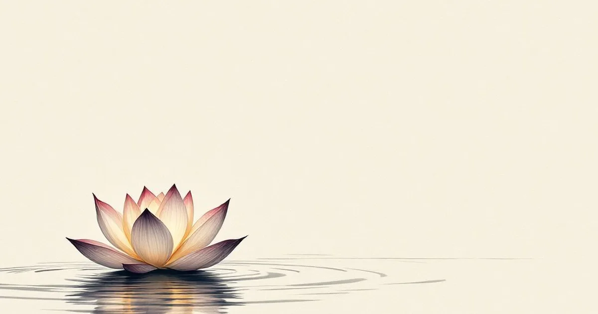 Sumi-e ink-wash illustration: a single open lotus on still water.
