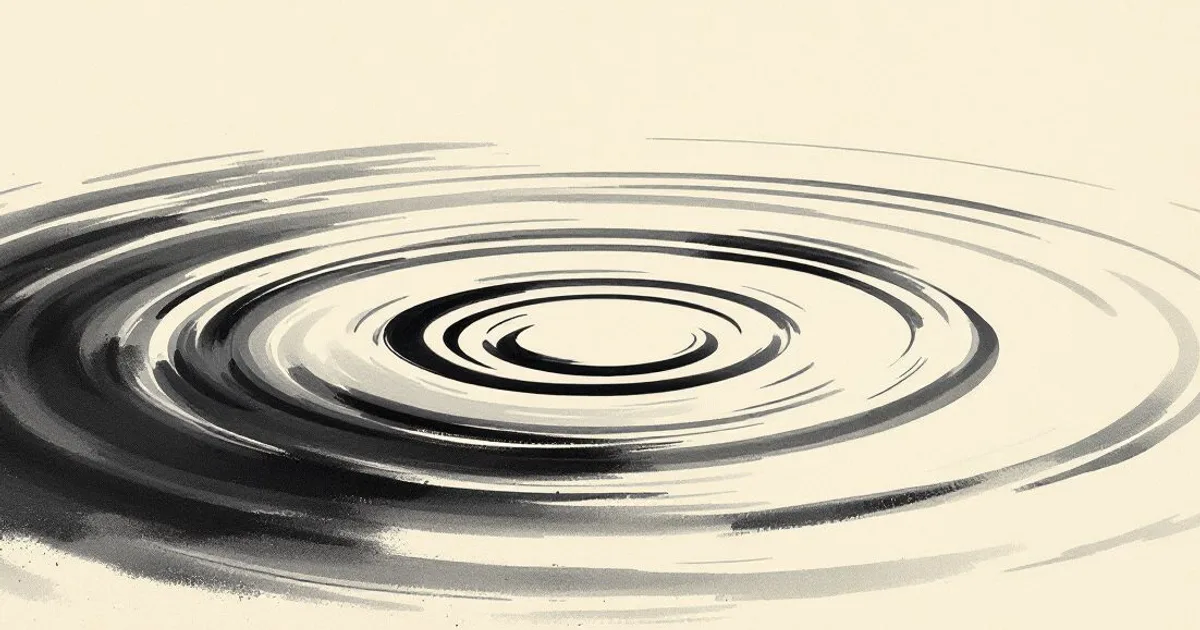 Sumi-e ink-wash illustration: concentric ripples spreading on a still pond.